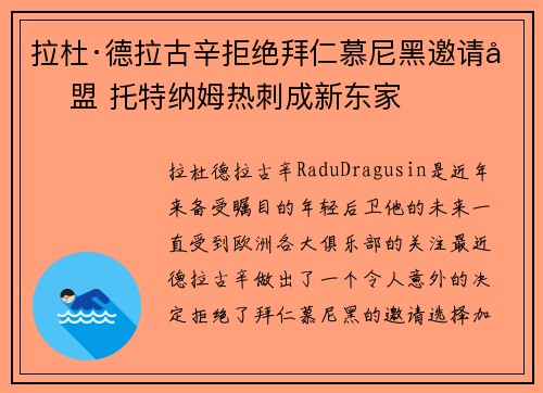 拉杜·德拉古辛拒绝拜仁慕尼黑邀请加盟 托特纳姆热刺成新东家 拉杜·德拉古辛拒绝拜仁慕尼黑邀请加盟 托特纳姆热刺成新东家
